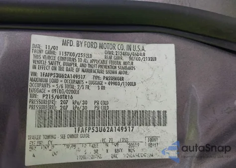 2002 Ford Taurus Se z USA, uszkodzony, nr VIN 1FAFP53U62A149517